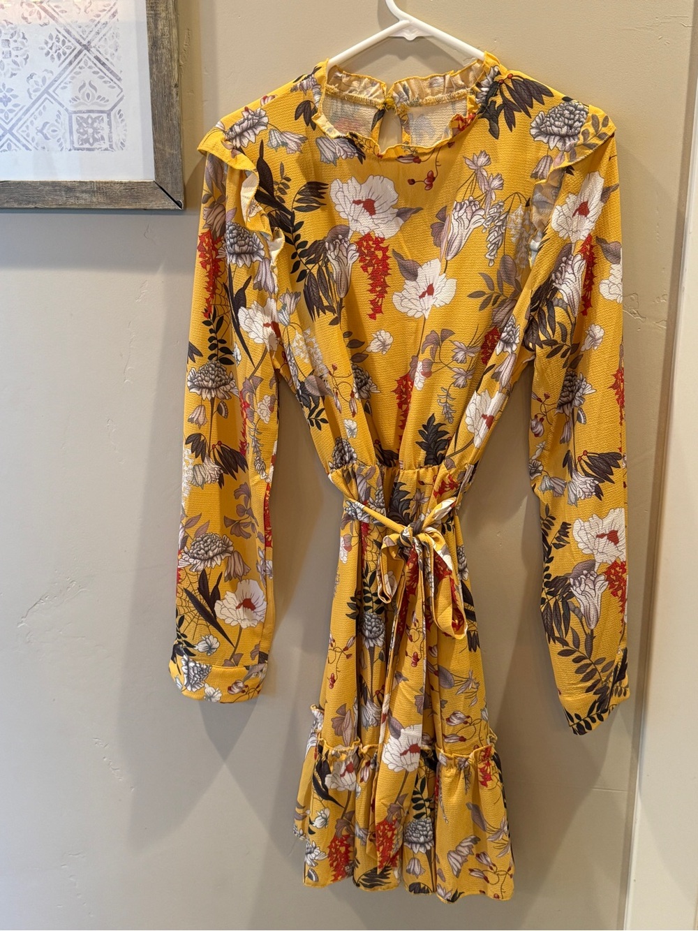 Floral Ruffle Tie-Waist Yellow Long-Sleeve Dress